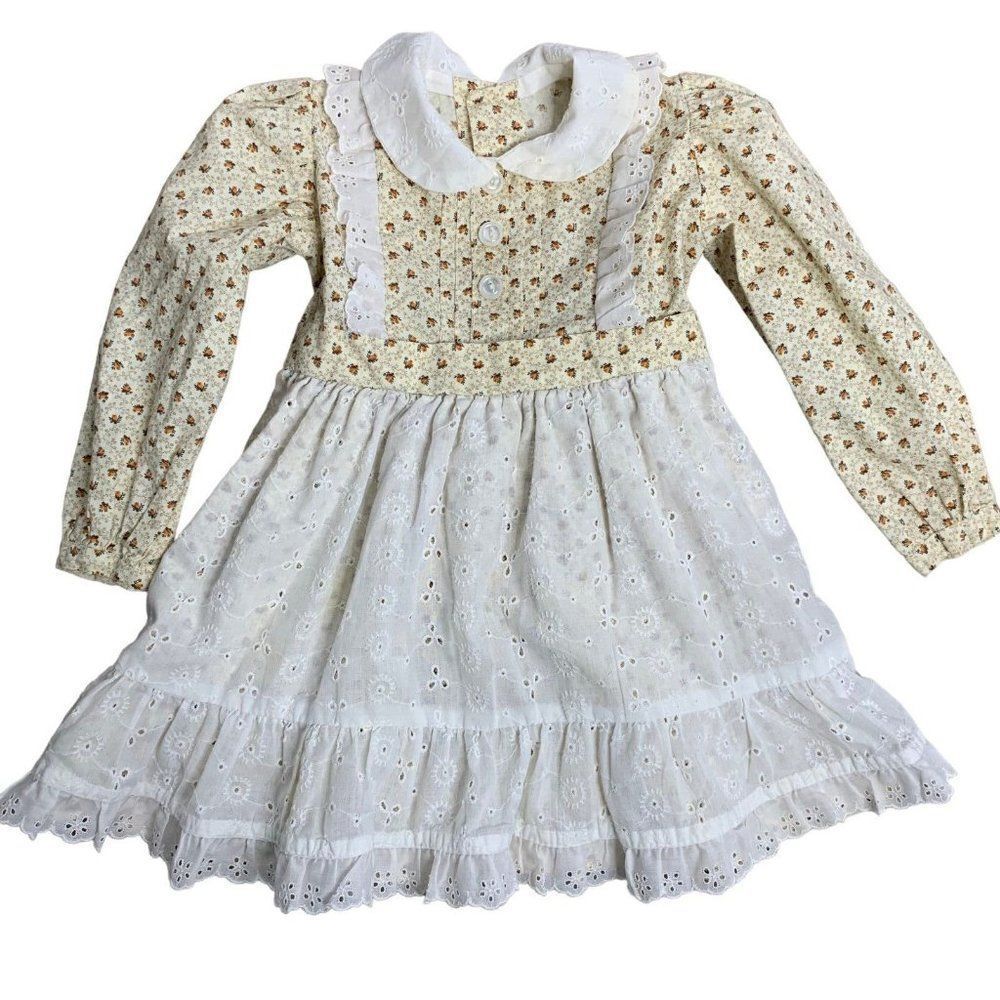 Vintage Handmade Eyelet Lace Dress 4-5 Cream Rosette Floral Buttons Tie Waist